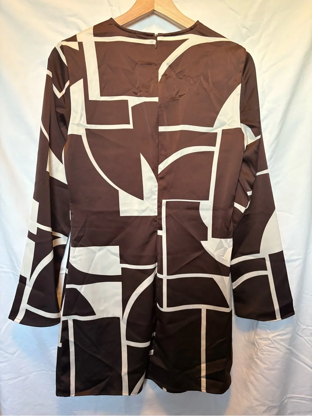 Mango Brown and Cream Geometric Long-Sleeve Mini Dress - Picture 2 of 4